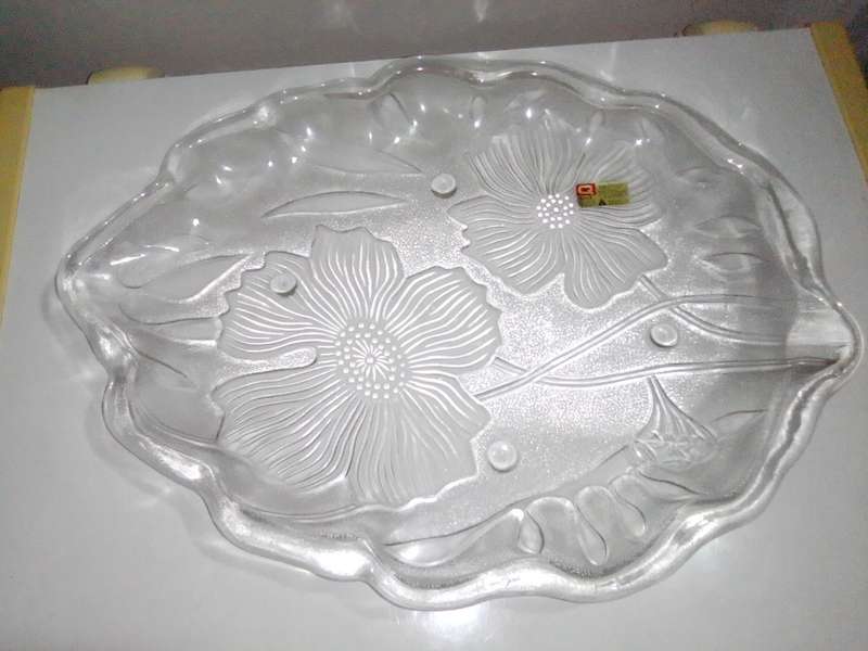 The Korean ornated `Lotus Flower Tray` In a box.  Large and heavy glass tray Dynisty Collection.