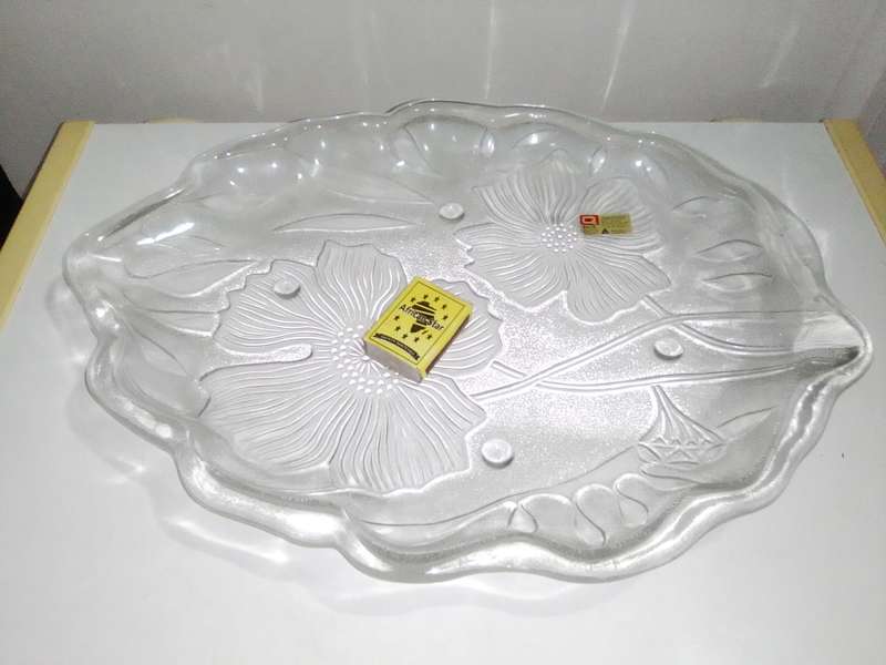 The Korean ornated `Lotus Flower Tray` In a box.  Large and heavy glass tray Dynisty Collection.