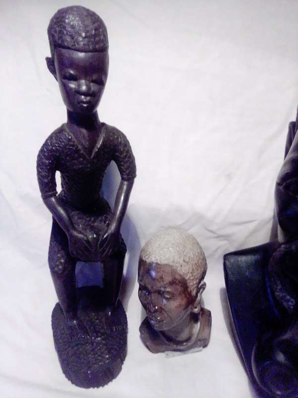 A Mandela and Keyna Busts. African Tribal Head Man stone Bust.  + wooden Drum player statue.