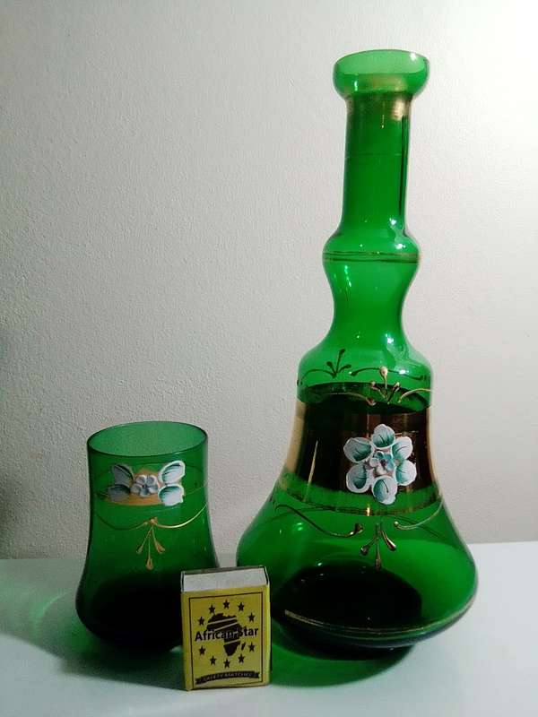 Wow Venetian made in Italy a green hand blowen Carafe's night stand bottles & matching glass.
