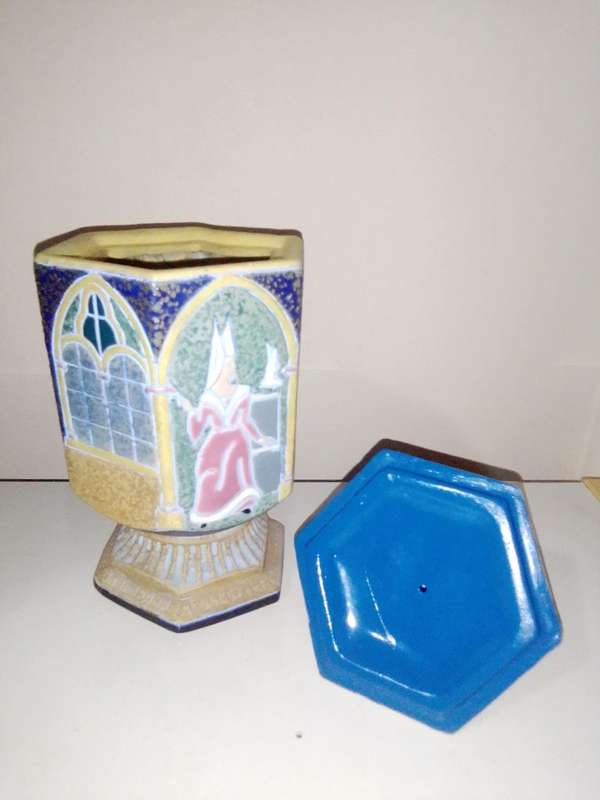 Vintage 1920`s Amphora Czechoslovakia Pottery Carved Incised Relief Enamel lidded Jardine.