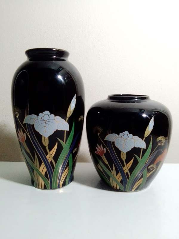 Two Gold gilded floral Min Century Cobalt black porcelain Kutani Japanese Vases.