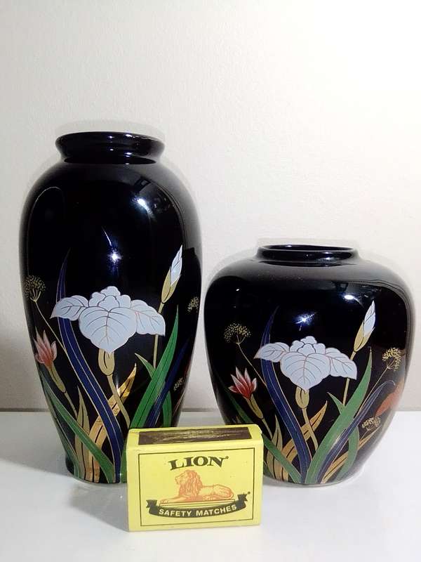 Two Gold gilded floral Min Century Cobalt black porcelain Kutani Japanese Vases.