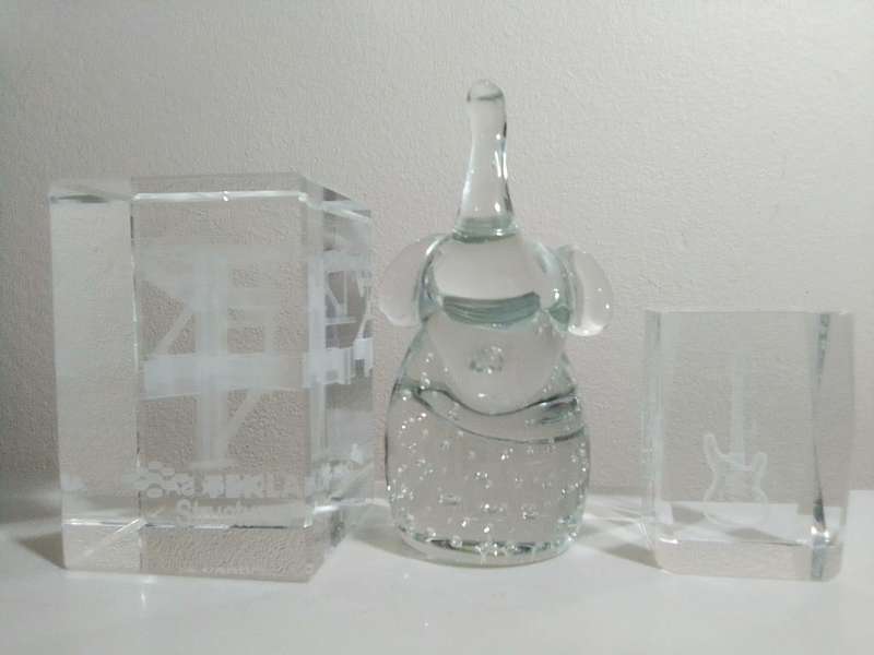 3 Collectible paperweights, 2 x Lazer etched Engraved and a blowen handmade Elephant.