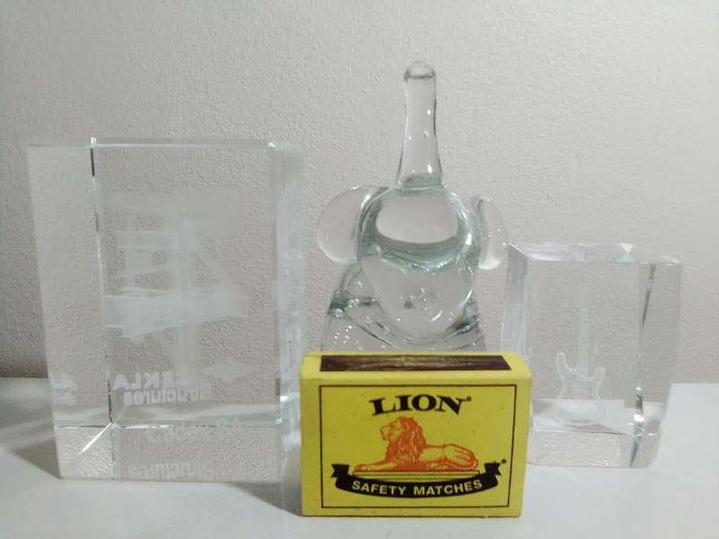 3 Collectible paperweights, 2 x Lazer etched Engraved and a blowen handmade Elephant.
