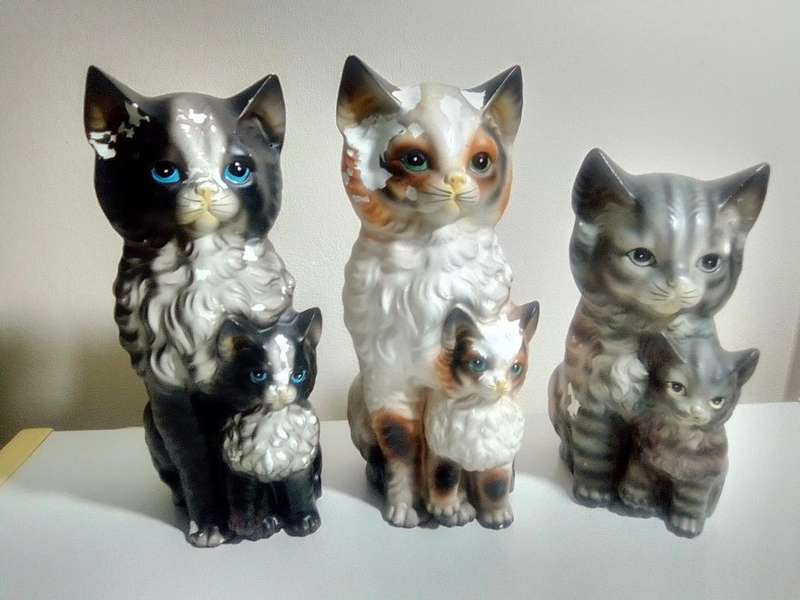 Late 1940`s. 3 Awesome porcelain Cats with their kittens they need Tlc. No Chips or Cracks.