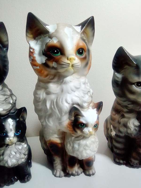 Late 1940`s. 3 Awesome porcelain Cats with their kittens they need Tlc. No Chips or Cracks.