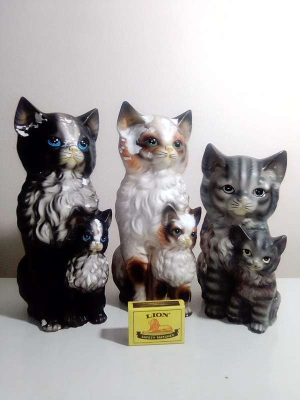 Late 1940`s. 3 Awesome porcelain Cats with their kittens they need Tlc. No Chips or Cracks.