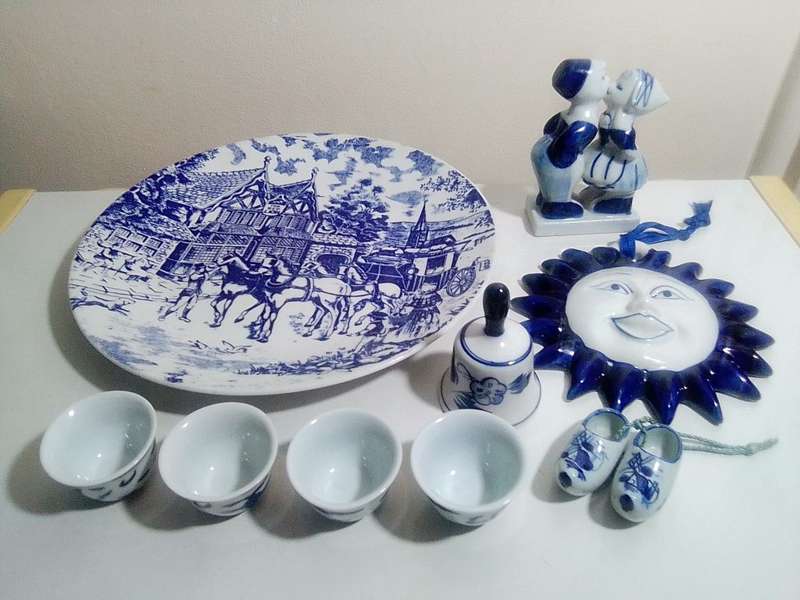 Ceramic collection. Elweco Delft ware Figurine, China Sun, Constantia plate, Cloggs 4 Sake` cups