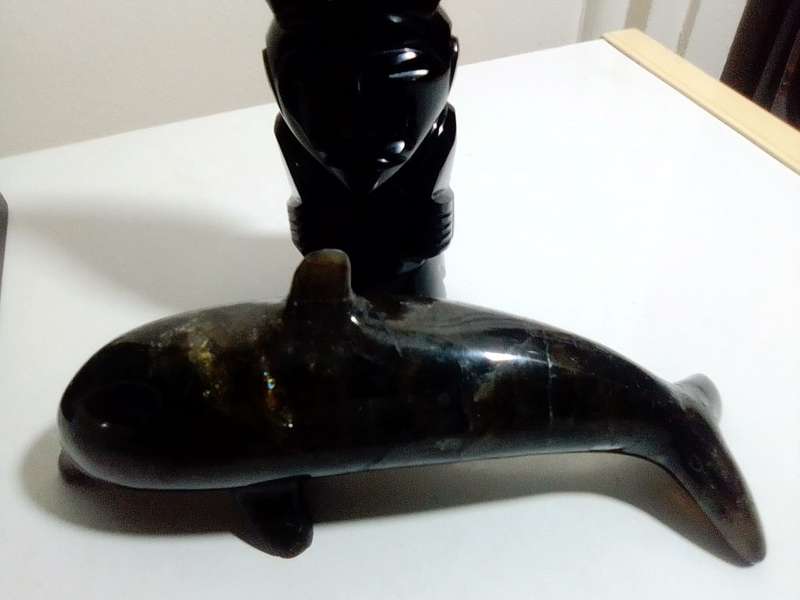 Tiki Idol god. Black Onyx obsidian Aztec carved statue Mayan stone. A black Onyx Dolfin & large Idol