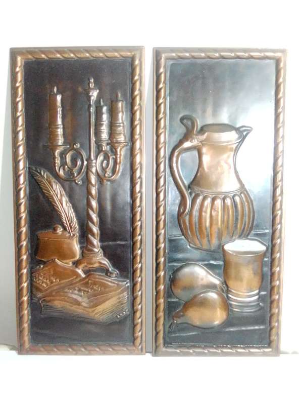 2 x 1960`s Vintage Copper panel wall hangings of Decanter/Quill-pen/inkwell. Made in Holland.
