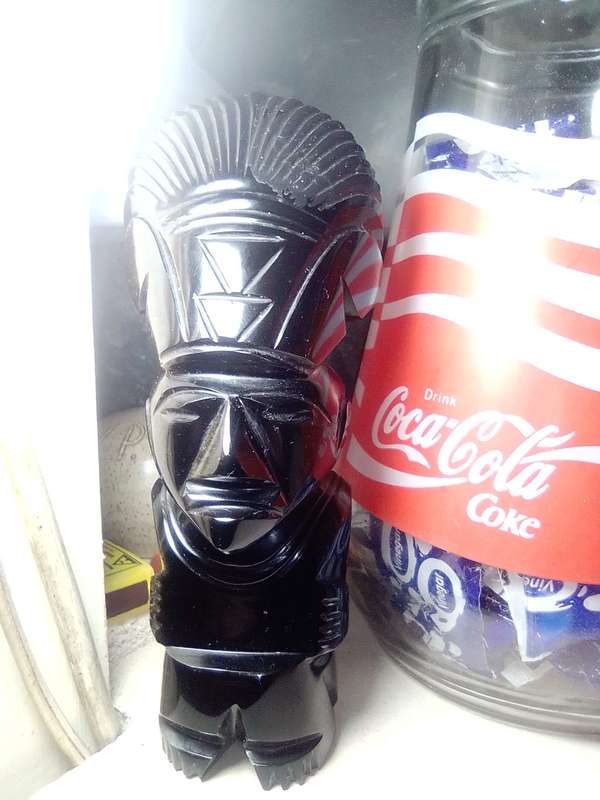 Tiki Idol god. Black Onyx obsidian Aztec carved statue Mayan stone. A black Onyx Dolfin & large Idol