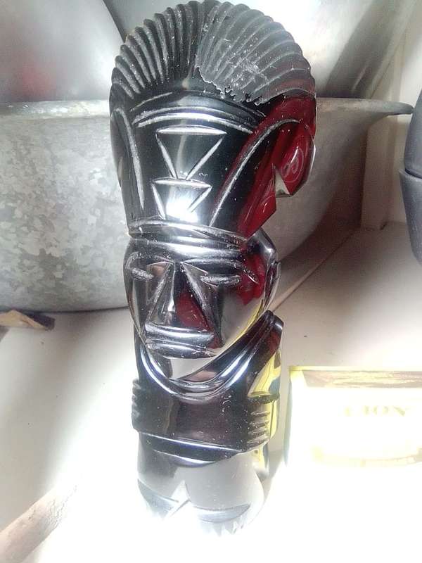 Tiki Idol god. Black Onyx obsidian Aztec carved statue Mayan stone. A black Onyx Dolfin & large Idol