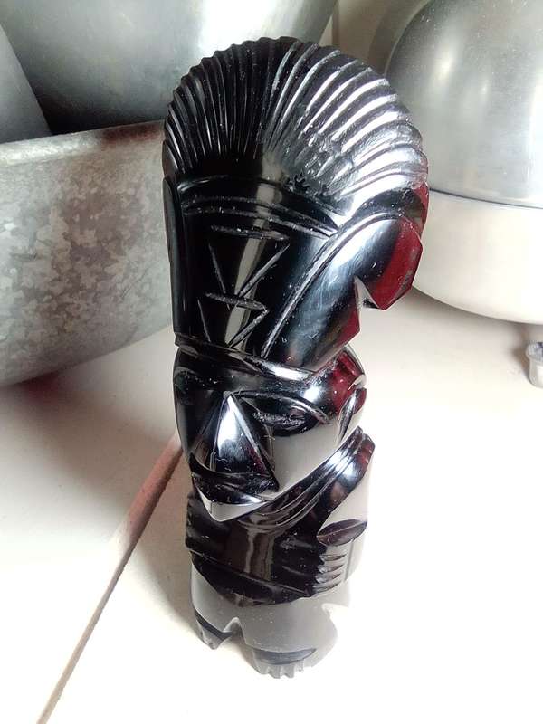 Tiki Idol god. Black Onyx obsidian Aztec carved statue Mayan stone. A black Onyx Dolfin & large Idol