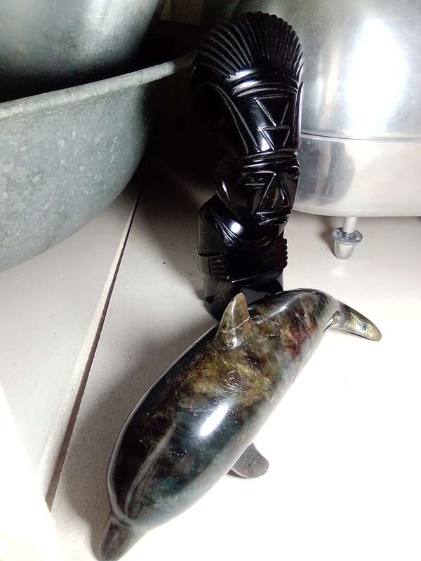 Tiki Idol god. Black Onyx obsidian Aztec carved statue Mayan stone. A black Onyx Dolfin & large Idol