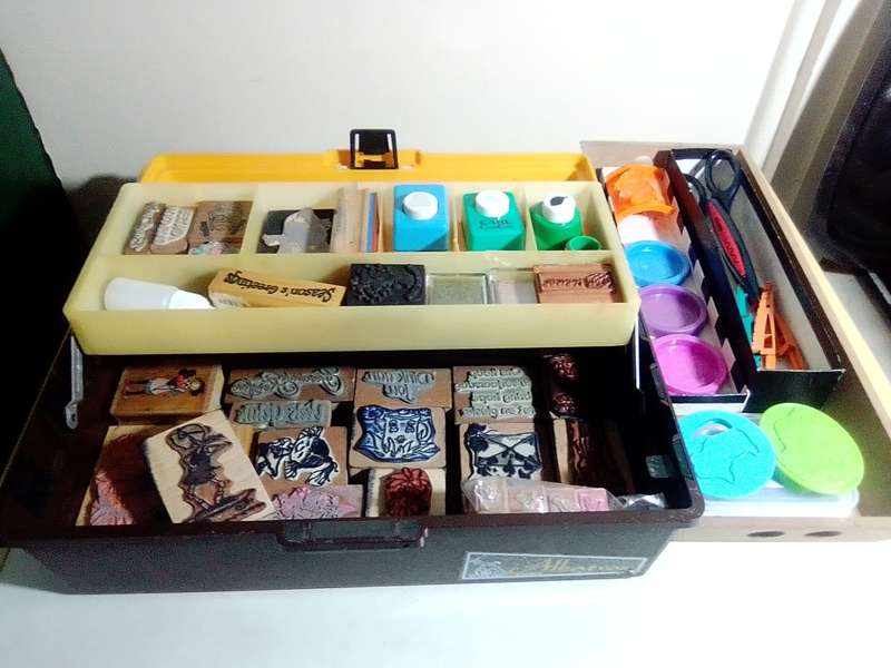 A Sort after Lot of Rubber Stamps in a Tackel box. Many different sets in lot plus shaping Scissors.