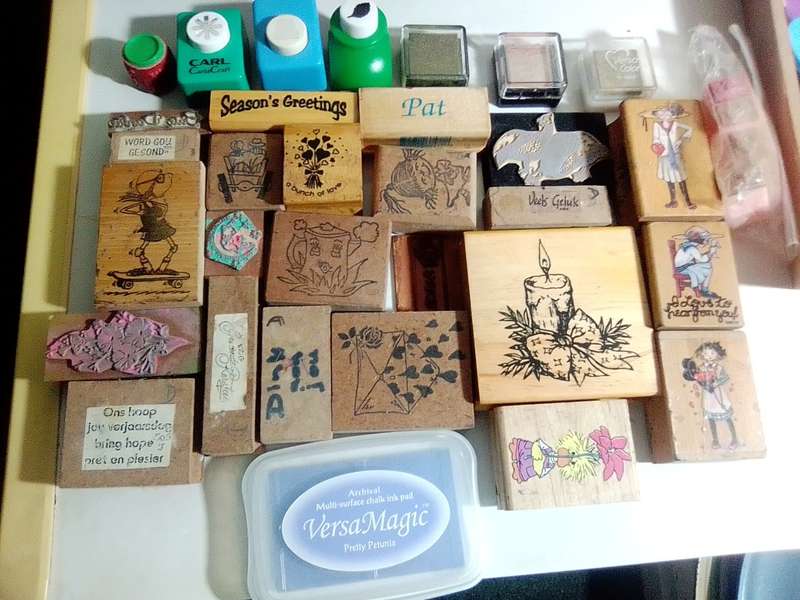A Sort after Lot of Rubber Stamps in a Tackel box. Many different sets in lot plus shaping Scissors.