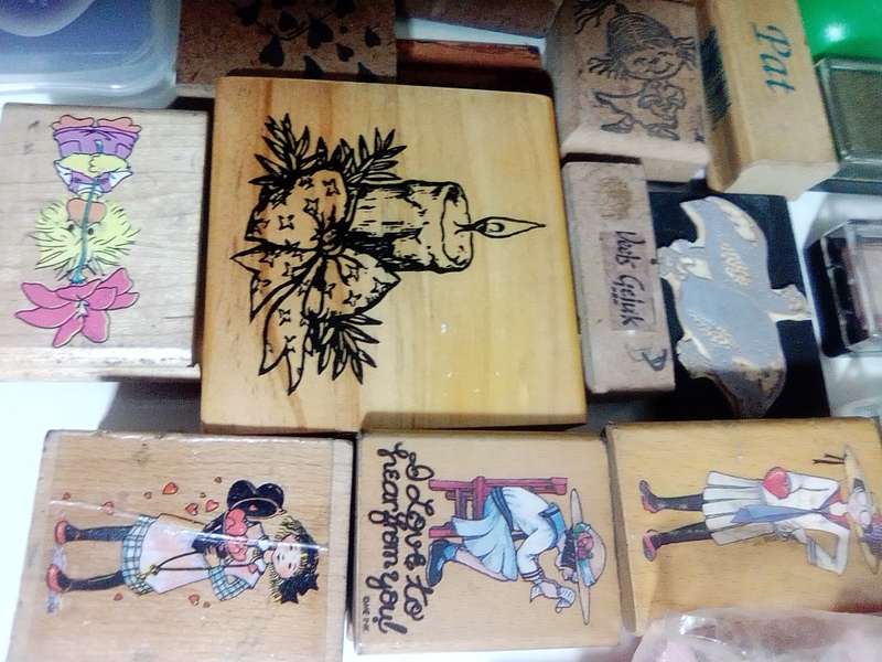 A Sort after Lot of Rubber Stamps in a Tackel box. Many different sets in lot plus shaping Scissors.