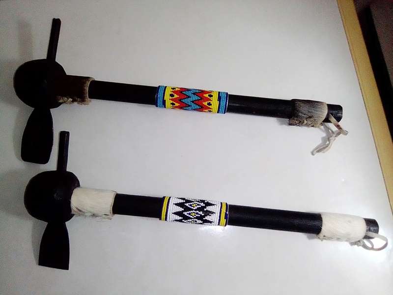 2 vintage Traditional African Throwing Axes with Beads/Buck skin.