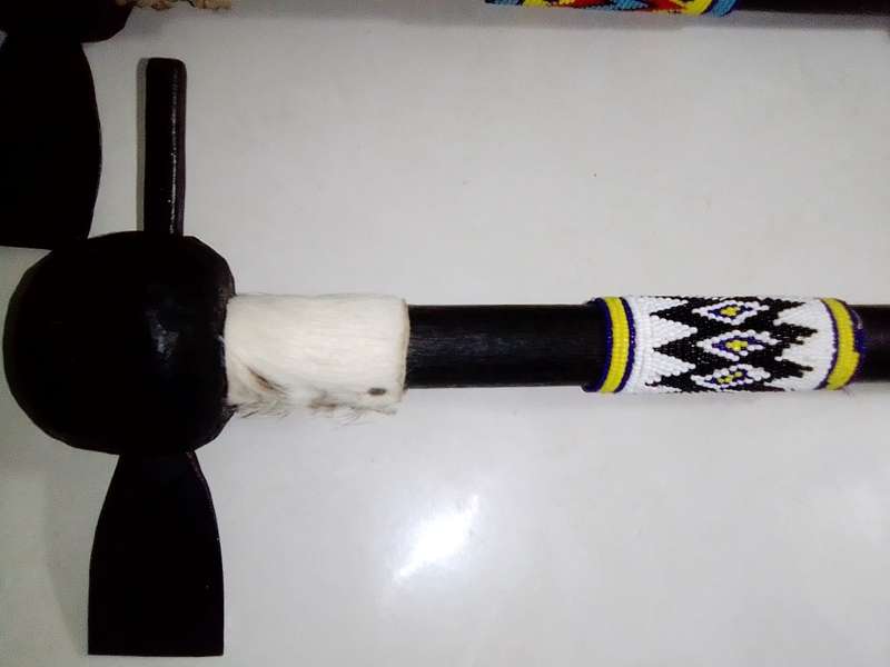2 vintage Traditional African Throwing Axes with Beads/Buck skin.