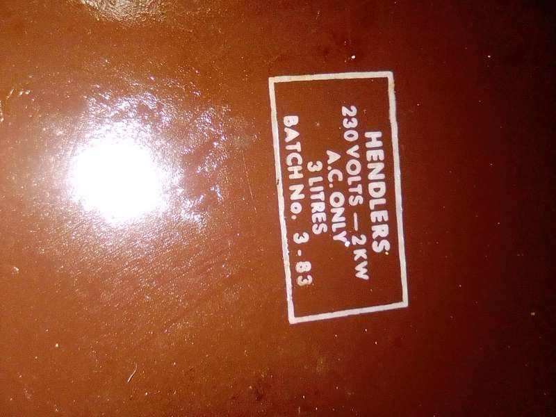 A Vintage Brown Whistling Enamel working "Hendlers" make manual 3Lt electric 230V Kettle on 3 Feet.