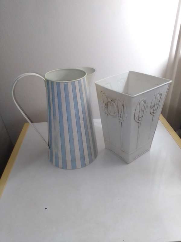 TIN and More TIN. A Awesome set of Tins a Jug and Dustbin/Planter. Ideal for display.