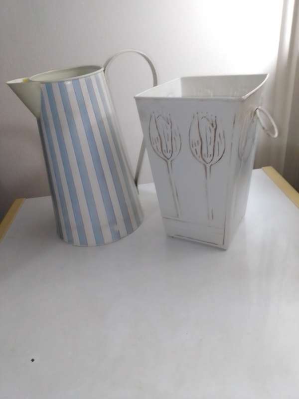 TIN and More TIN. A Awesome set of Tins a Jug and Dustbin/Planter. Ideal for display.