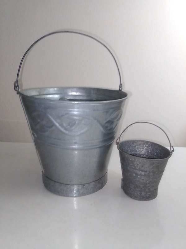Galvanized steel buckets, the small one was a plant holder.