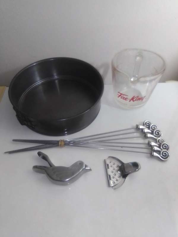 Old vintage Kitchen. 1930's Fire King 2 Cup Jug, Smaller Italian Jug, 6 Skewers, Bake Pan, 2 G/press