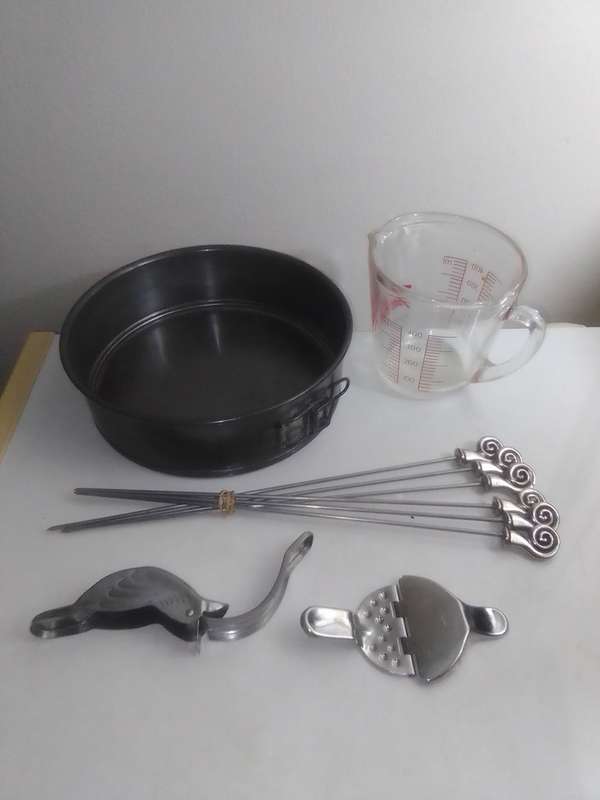 Old vintage Kitchen. 1930's Fire King 2 Cup Jug, Smaller Italian Jug, 6 Skewers, Bake Pan, 2 G/press