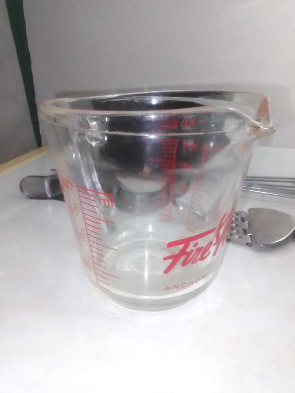 Old vintage Kitchen. 1930's Fire King 2 Cup Jug, Smaller Italian Jug, 6 Skewers, Bake Pan, 2 G/press