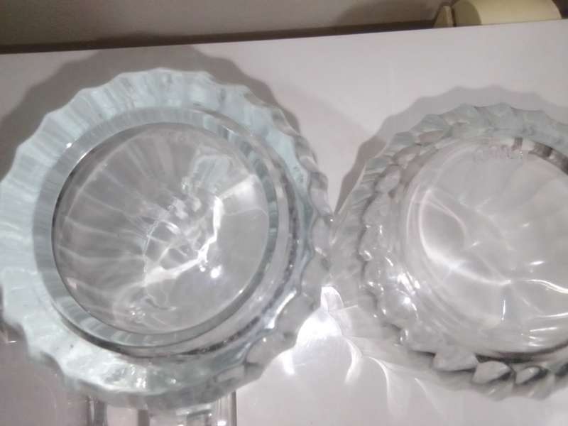 5 clean vintage glass kitchen Glass sets. 2 Water Jugs, Lidded Jar, Butter Dish. Lemon Squeeze.