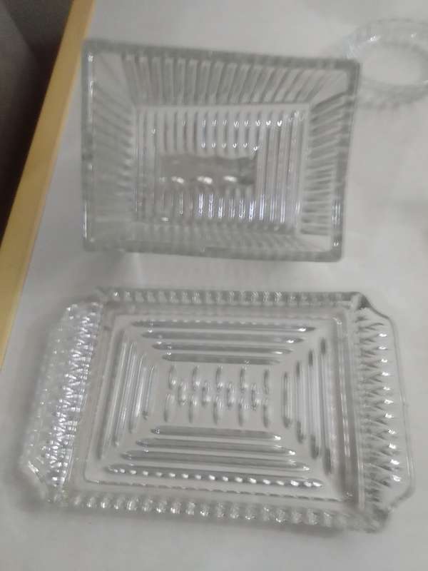 5 clean vintage glass kitchen Glass sets. 2 Water Jugs, Lidded Jar, Butter Dish. Lemon Squeeze.