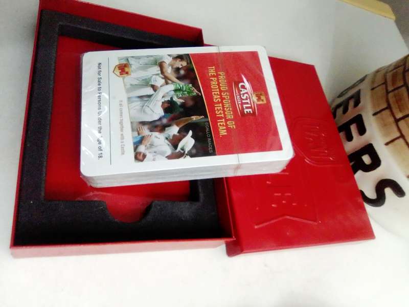 Wow Mancave, Castle branded red metal case with playing Cards in ashtray + Multi-Tool Kit + Jug's.