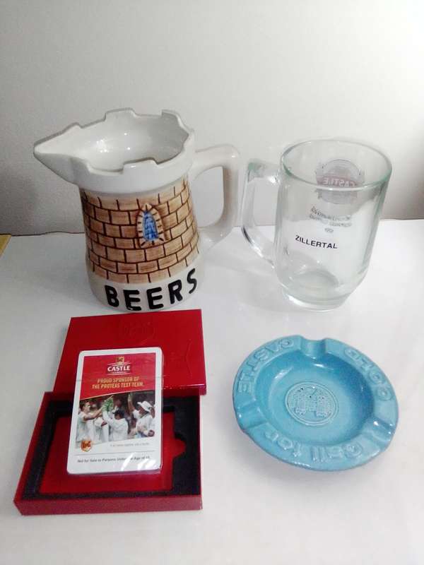 Wow Mancave, Castle branded red metal case with playing Cards in ashtray + Multi-Tool Kit + Jug's.