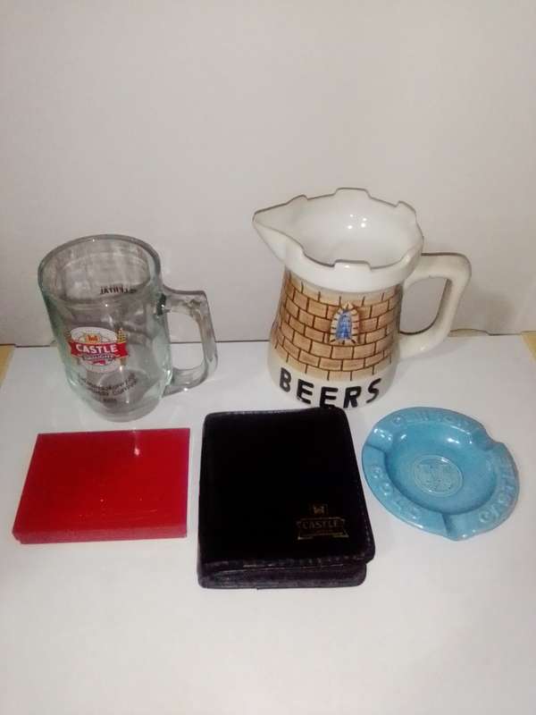 Wow Mancave, Castle branded red metal case with playing Cards in ashtray + Multi-Tool Kit + Jug's.