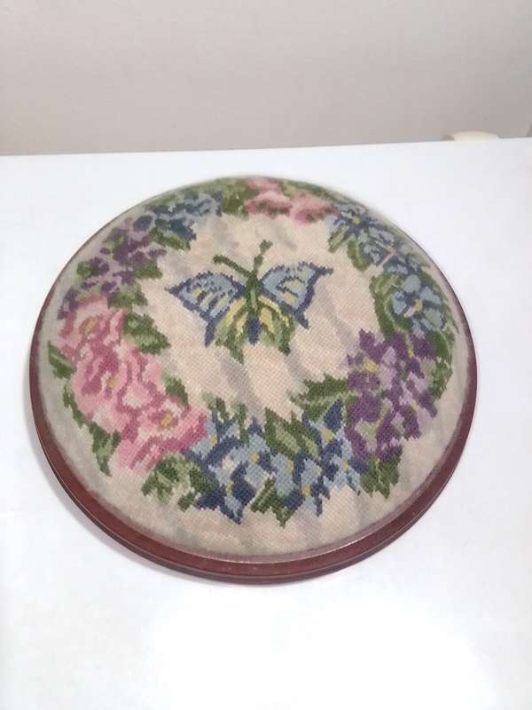 Foot Stool with Tapestry embroidered round, circular footstool, footrest with 3 bun feet.