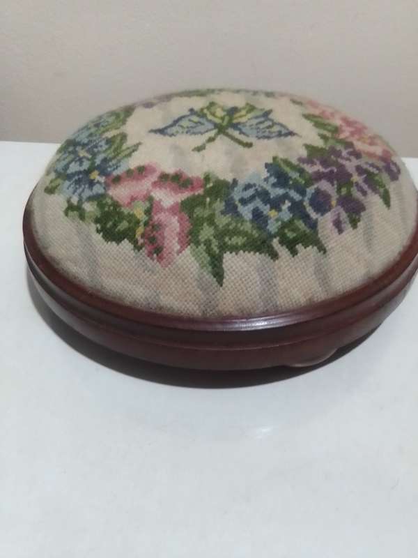 Foot Stool with Tapestry embroidered round, circular footstool, footrest with 3 bun feet.