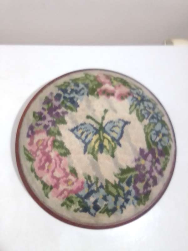 Foot Stool with Tapestry embroidered round, circular footstool, footrest with 3 bun feet.