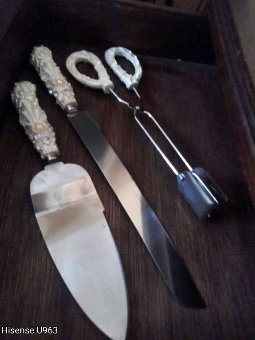 A Beautiful large vintage Two Draw Cutlery Cabernet.Plus 2 set's Wedding Cake Utensils