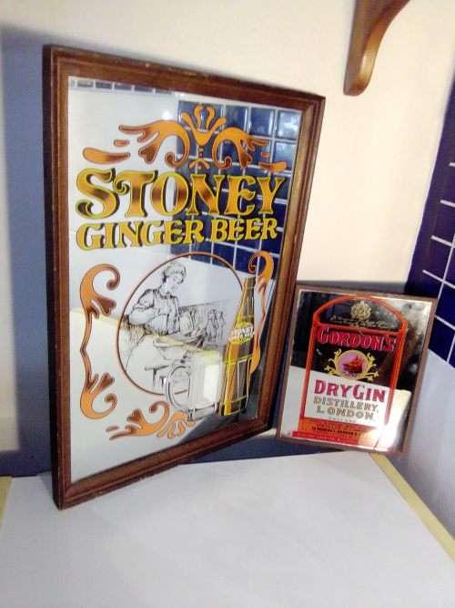 2 x Bar Mirror`s. Stoney and Gordon dry Gin. Ideal Mancave display Items.