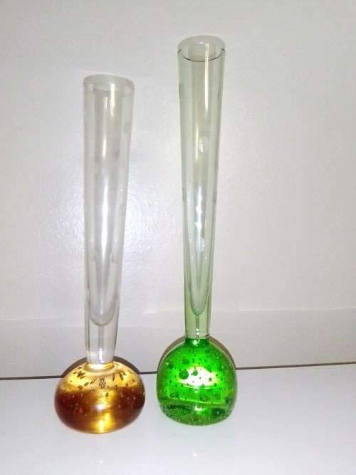 Two lovely unusual long stem hand blowen champagne bubble glass Vase`s. Size`s: 20.5 and 23.5cm tall
