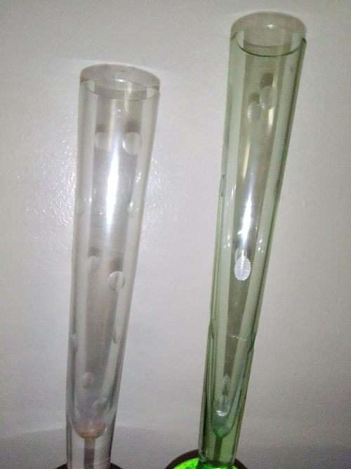 Two lovely unusual long stem hand blowen champagne bubble glass Vase`s. Size`s: 20.5 and 23.5cm tall