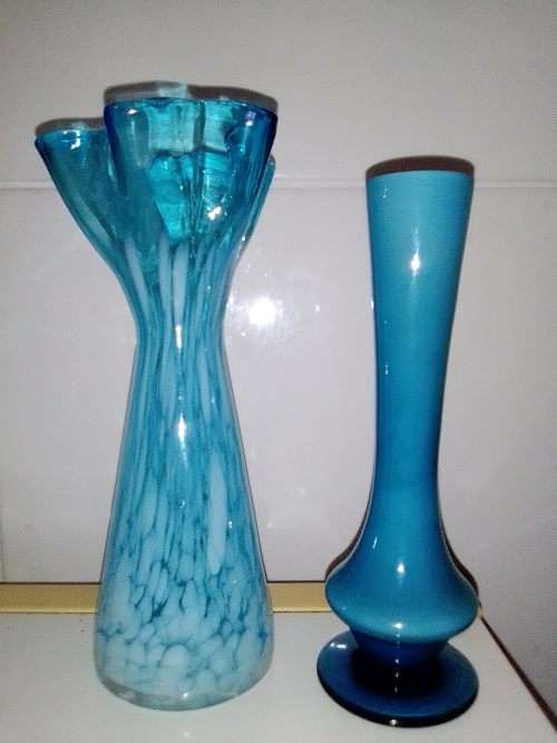Two lovely unusual paint splash vintage Murano style Blue Vase`s.