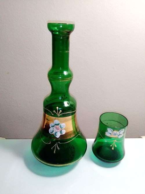 Murano Carafe glass water jug with tumbler plus a Super Glass Hand painted green Wine bottle