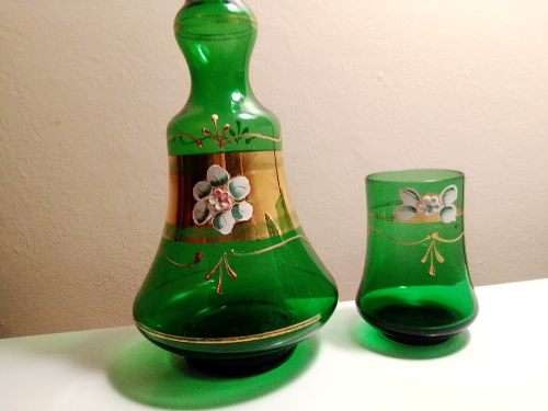 Murano Carafe glass water jug with tumbler plus a Super Glass Hand painted green Wine bottle