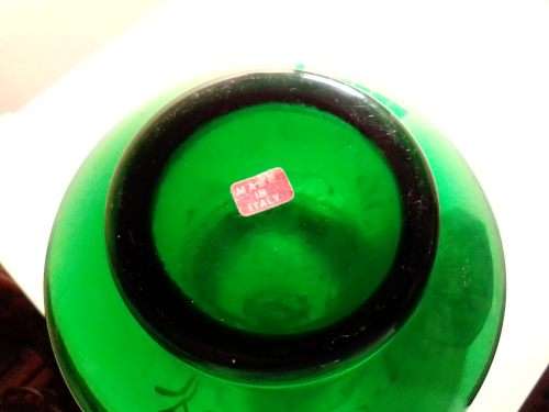 Murano Carafe glass water jug with tumbler plus a Super Glass Hand painted green Wine bottle