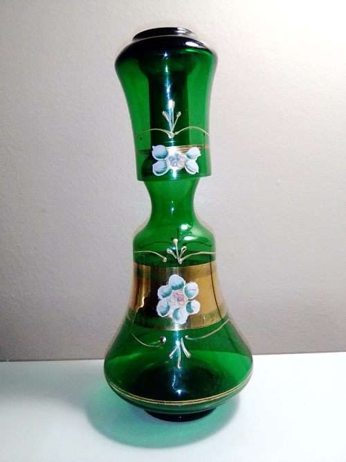 Murano Carafe glass water jug with tumbler plus a Super Glass Hand painted green Wine bottle
