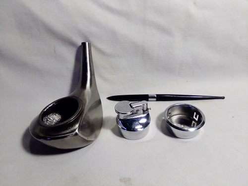 A vintage smokers companion lot. 2 Signed Pipe`s,Lighter, Weather station,Smokers Companion.
