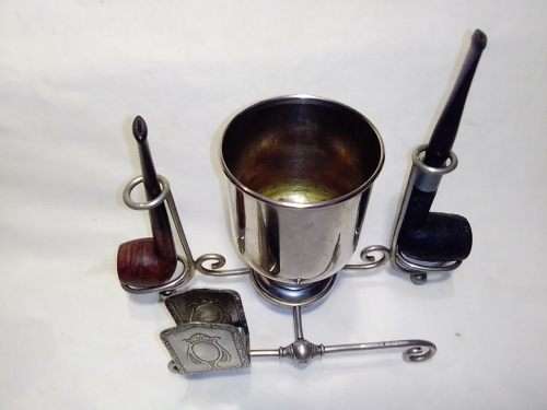A vintage smokers companion lot. 2 Signed Pipe`s,Lighter, Weather station,Smokers Companion.